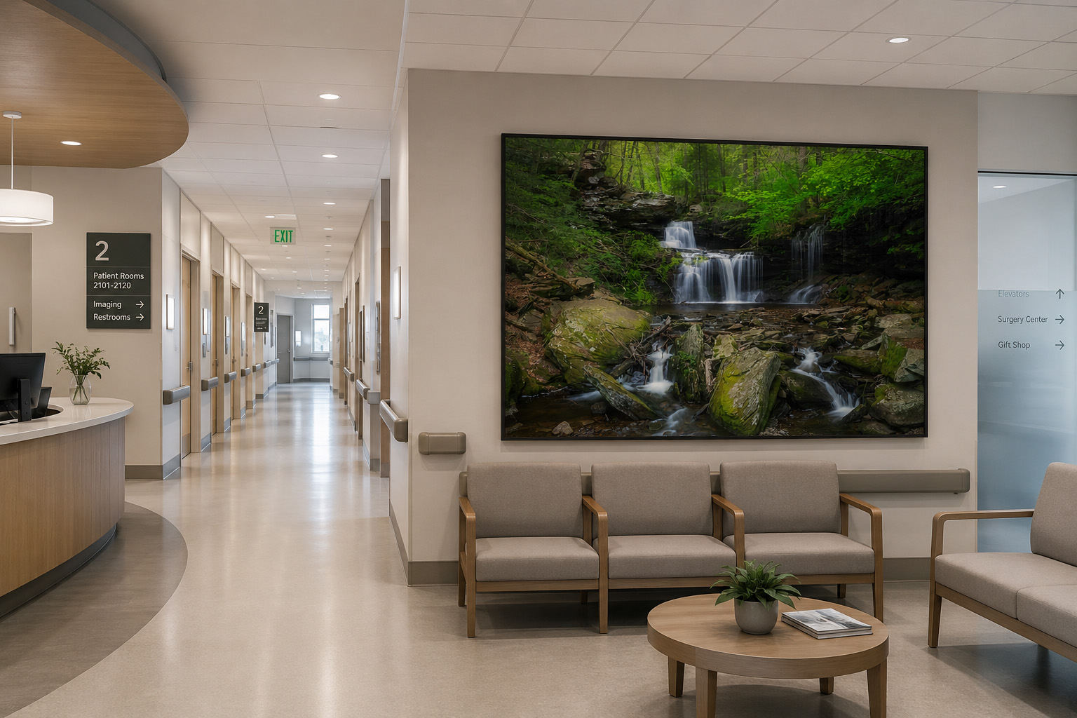 Hospital corridor waiting area with large waterfall landscape wall art by Dan Sproul